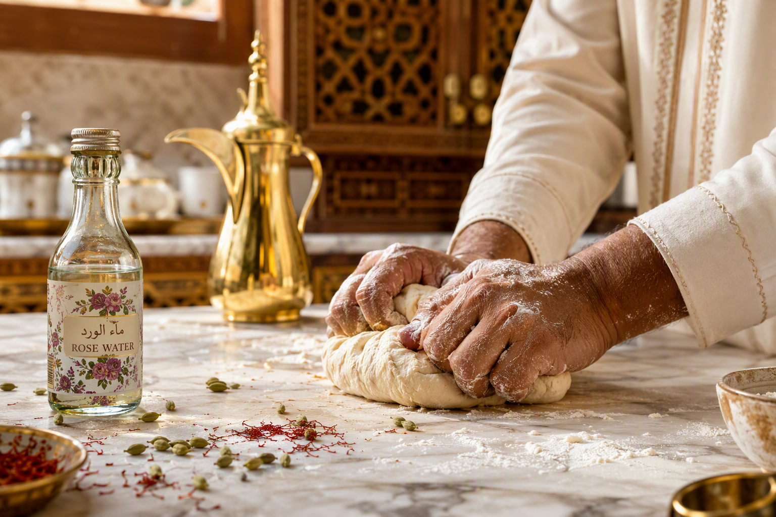 Hands kneading fresh dough with rose water and saffron